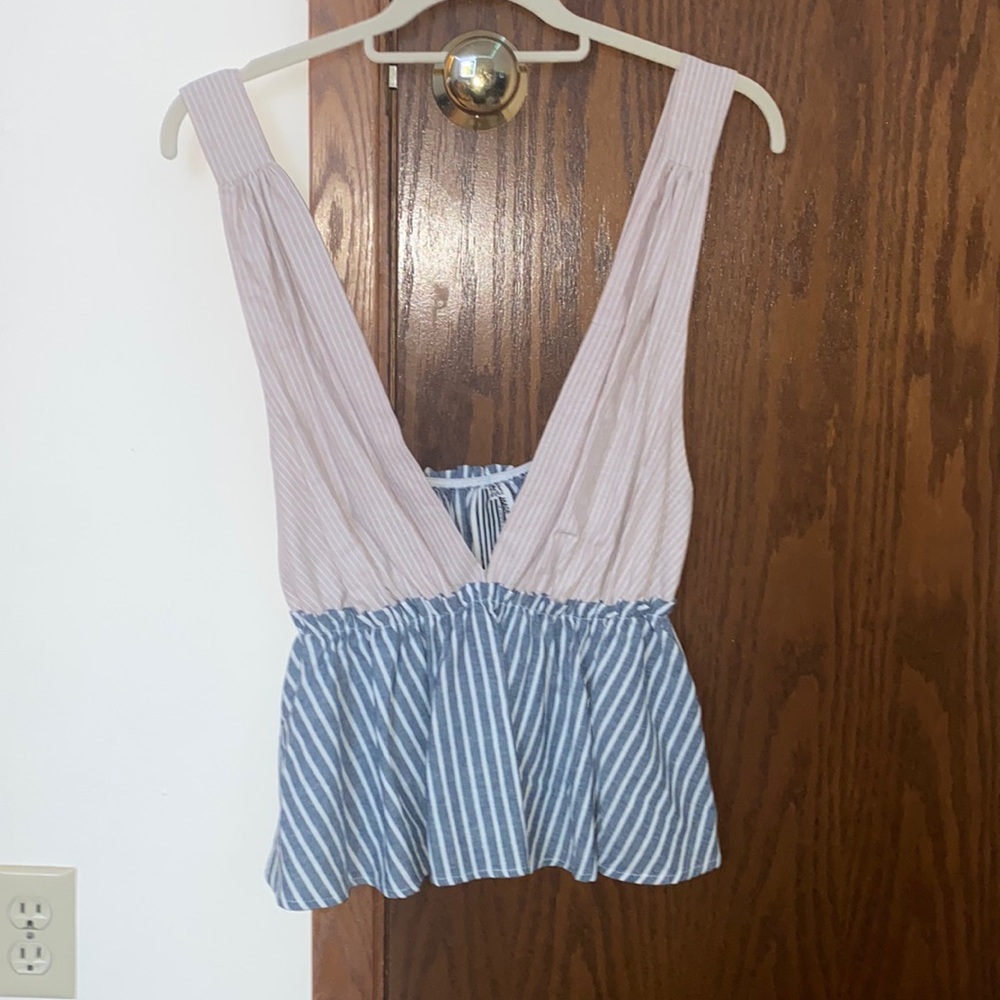 Striped neutral and denim blue open back low cut tank